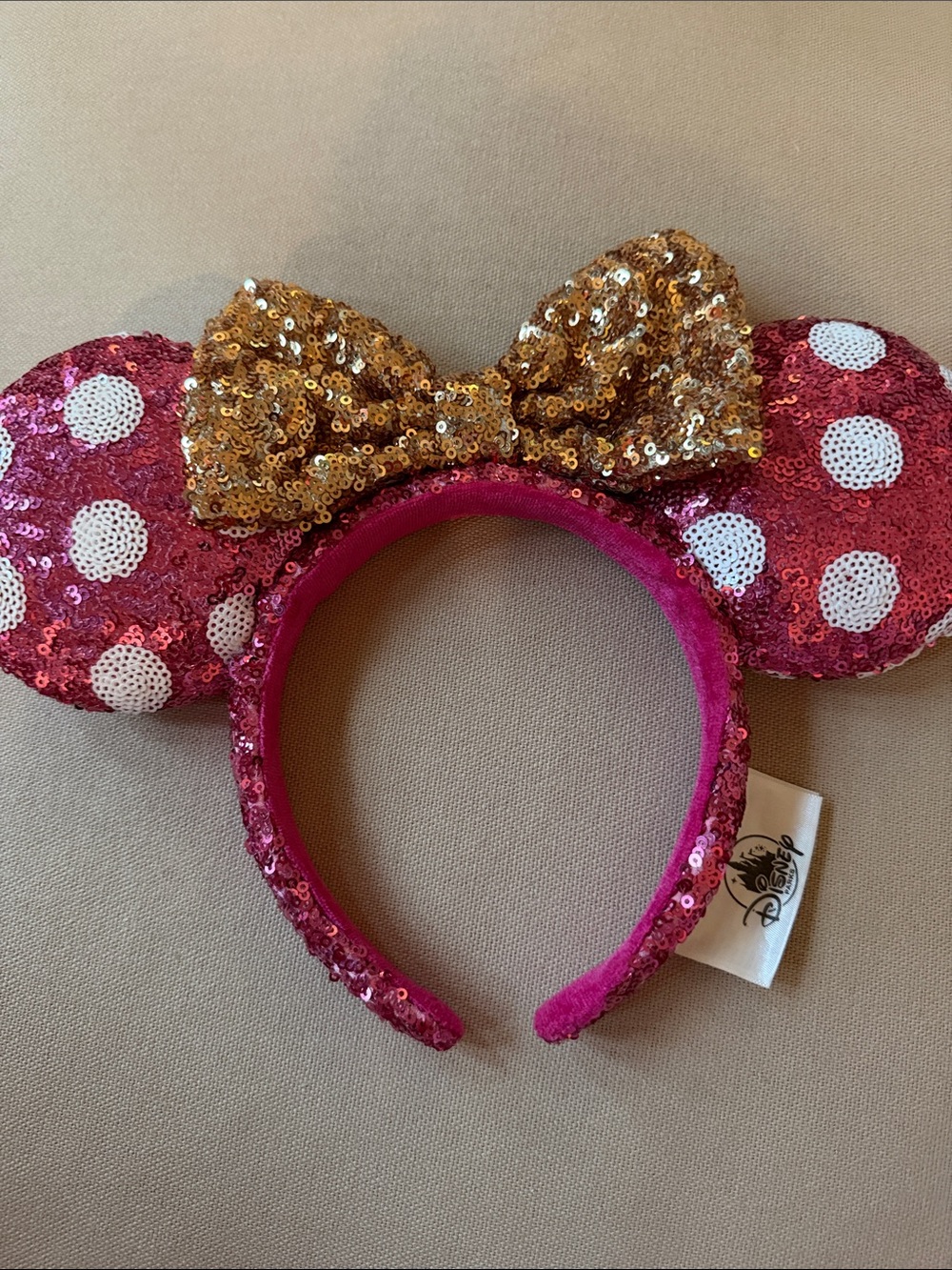 Disney Parks Hot Pink Polka Sequin Minnie Mouse Headband with Gold Sequin Bow